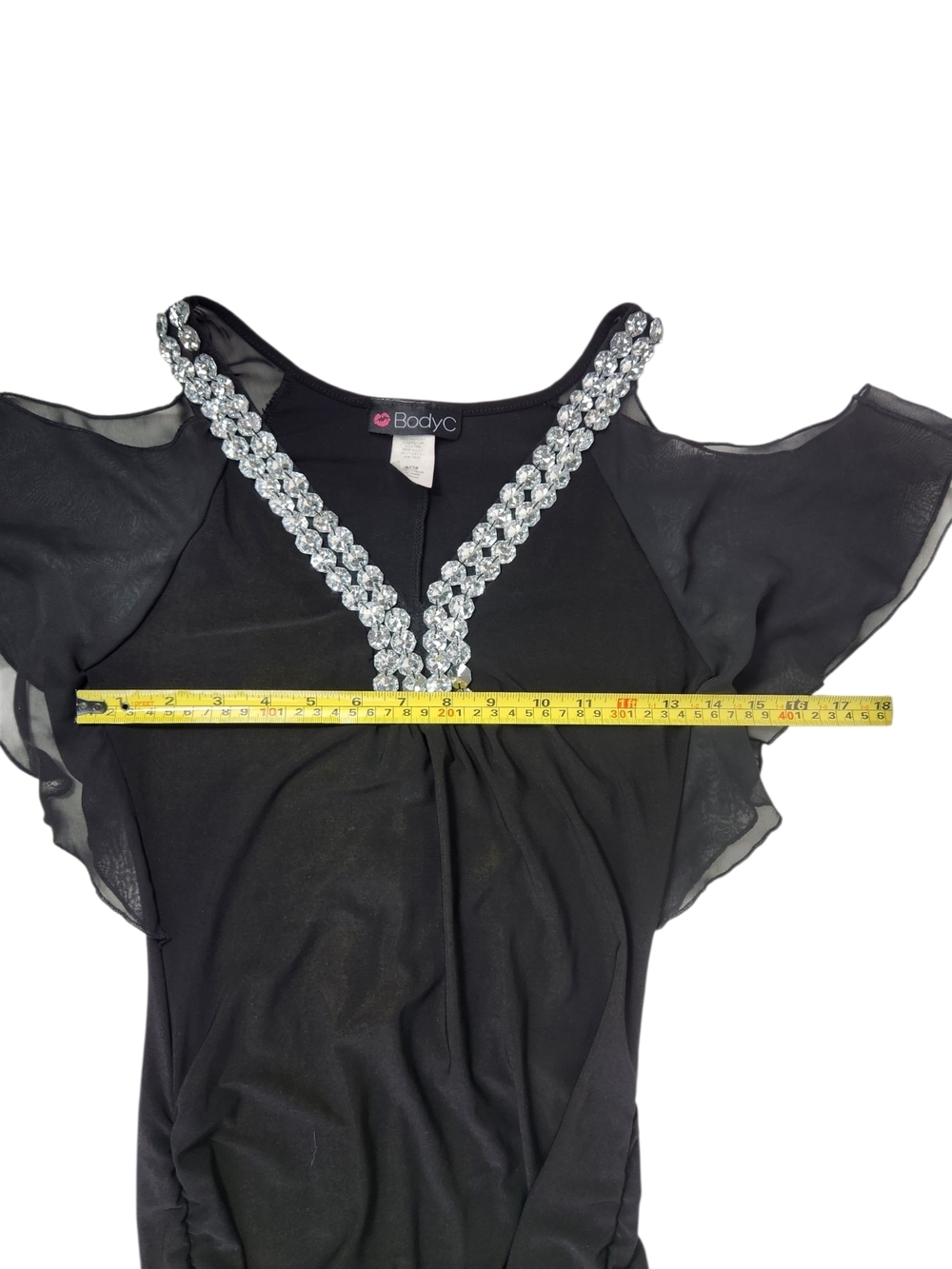 Body Central Black Rhinestone V-Neck Dress Cold Shoulder Bodycon Party Small Y2K - Picture 10 of 11